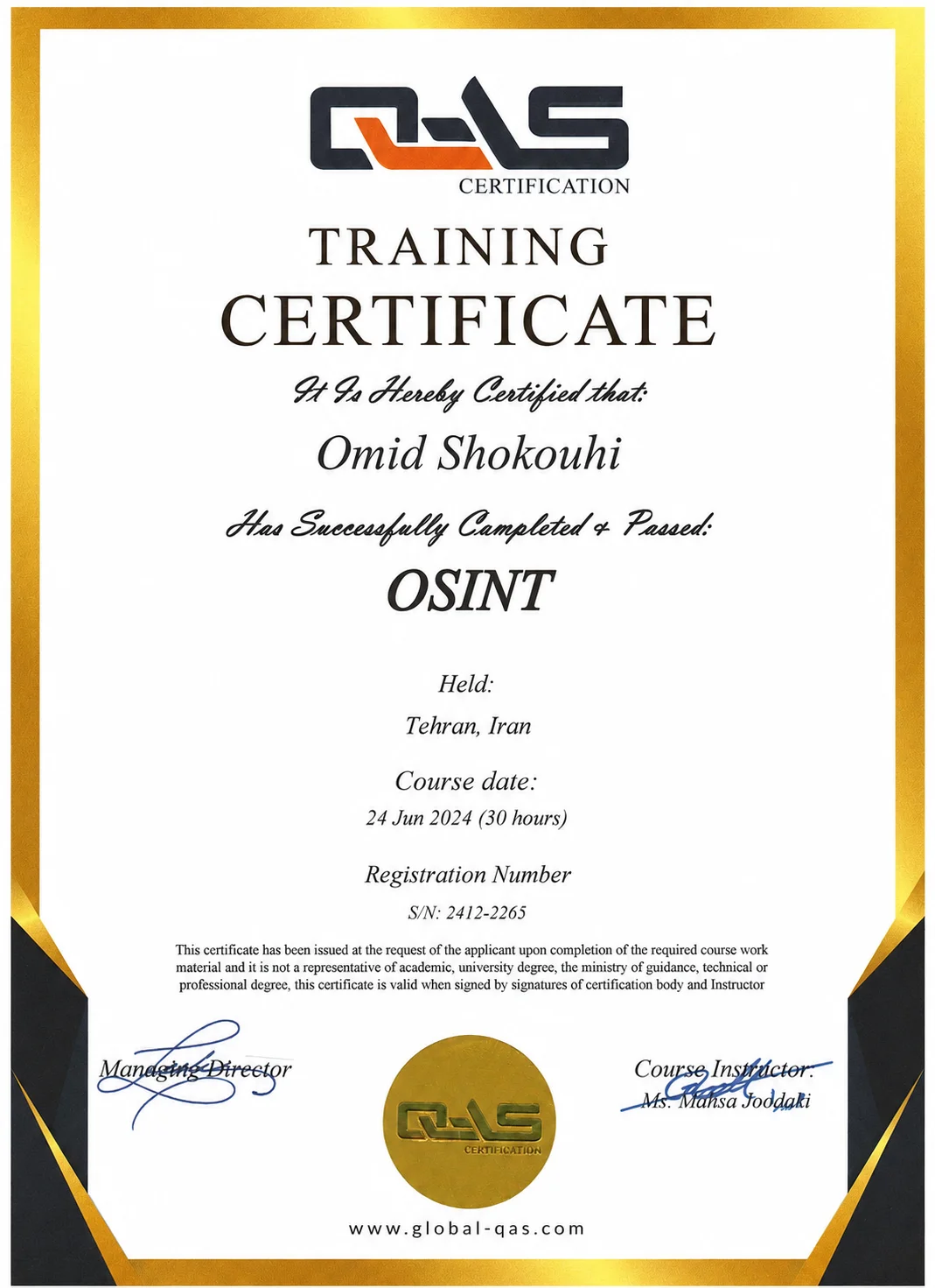 گواهینامه OSINT صادر شده توسط QAS انگلستان